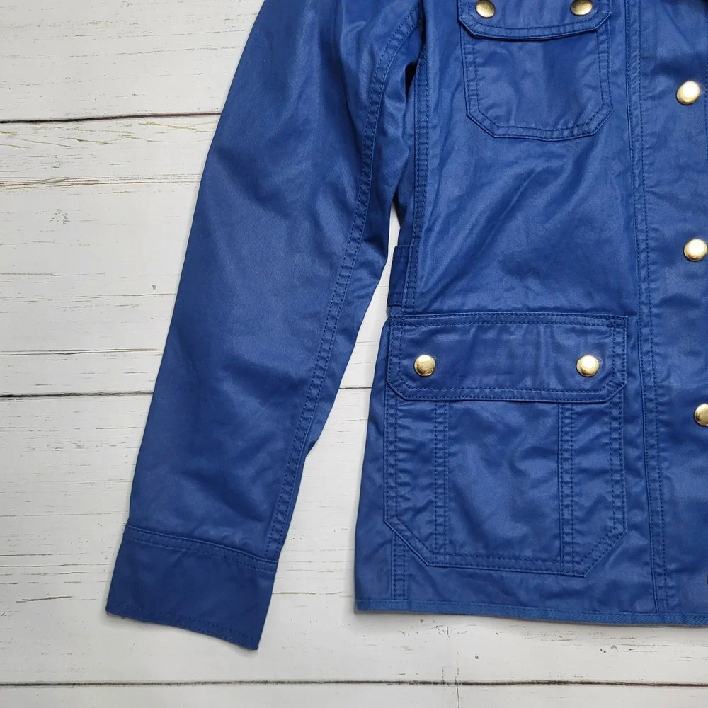 J Crew Downtown Field Jacket Blue Waxed Cotton Blue Stand Collar Military XS